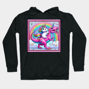 Cute Rainbow cat unicorn rides atop a pink cute dinosaur Hoodie